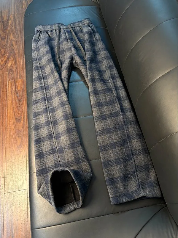 

American Retro Fce Lined Thiened Straight Leg Casual Pants for Men Winter Warm Loose Fit Plaid Trousers Casual Sle