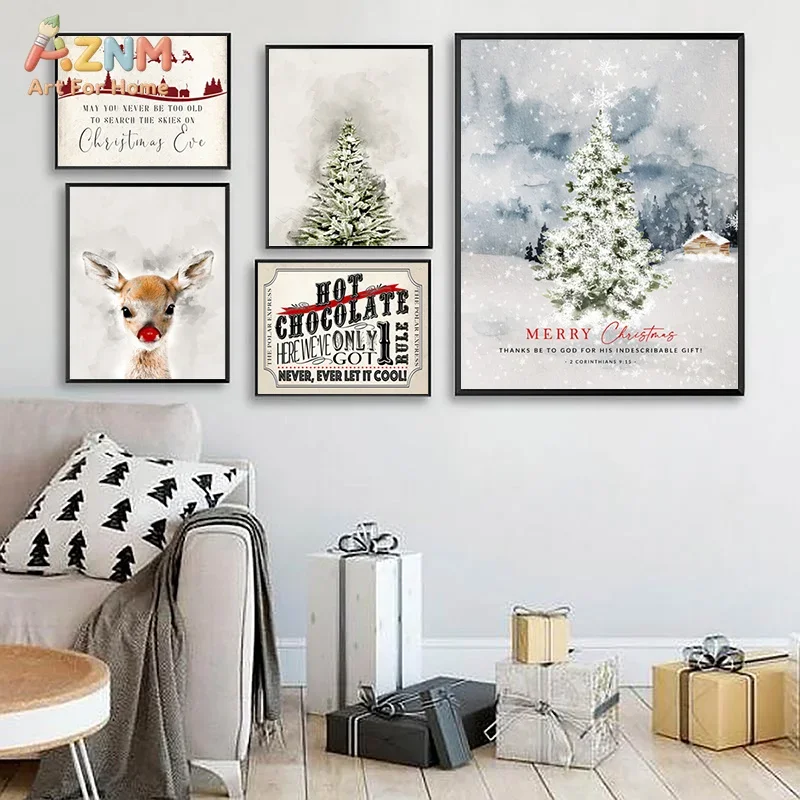 AZNM Christmas Canvas Wall Art Xmas Tree Deer Winter Snow Scene Vintage Quote Print Frameless Canvas Painting Holiday Home Decor