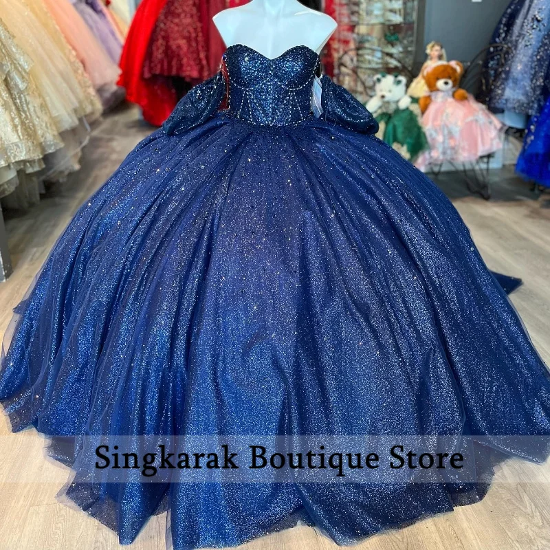 Abiti da Quinceanera lucidi blu Navy abito da ballo dolce 16 perline da abito Crystal Celebrity 16th Birthday Party Gowns Graduation