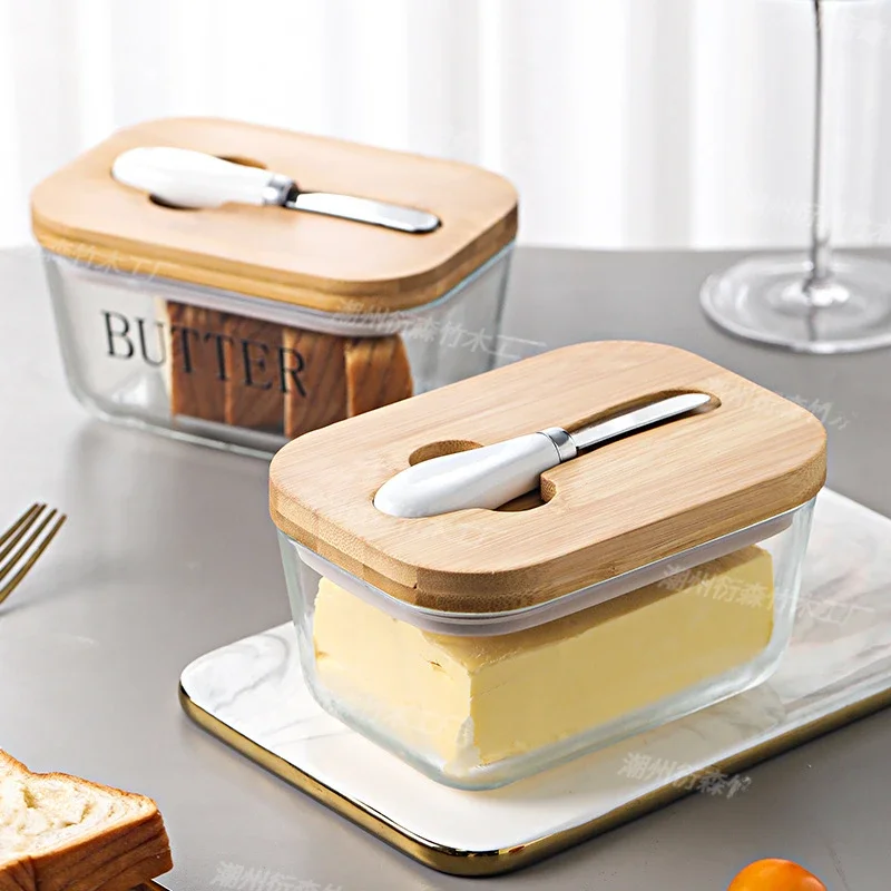 Butter Container Glass Box Restaurant Sealed Storage Box Fresh Cheese Box with Knife Butter Slicer Butter Dish Tableware