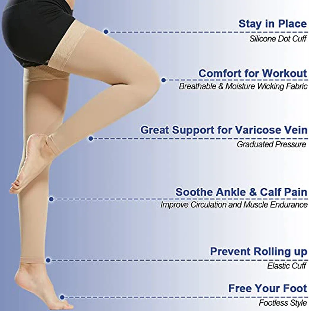 Stoking kompresi tinggi paha 1/2 pasang, stoking tanpa kaki 20-30mm Hg kompresi dengan pita Dot silikon untuk pria dan wanita