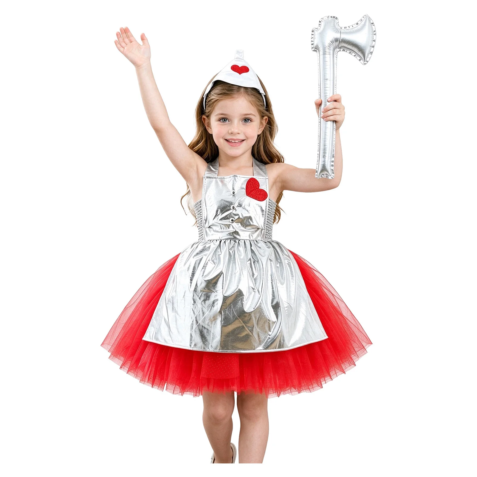 Kids Girls Halloween Tin Costume Sleeveless Hollow Out Bodice Tulle Dress with Apron Headwear Axe Carnival Theme Party Drss Up