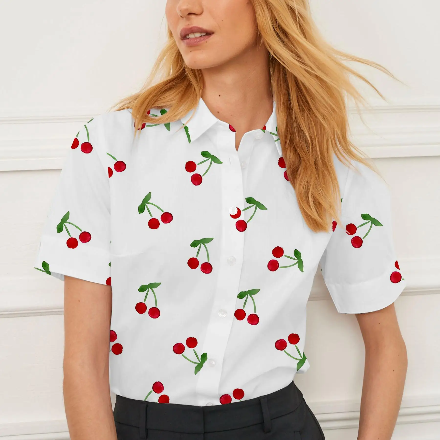

Shirt short sleeve summer women's plaid cherry strawberry pattern design breathable suitable for daily or formal wear