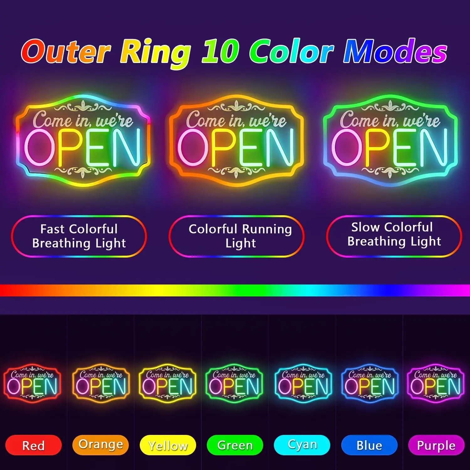 تعال فينا مفتوحة علامة النيون RGB نحت سطوع قابل للتعديل RGB علامات مفتوحة لواجهة متجر الفندق والمطعم