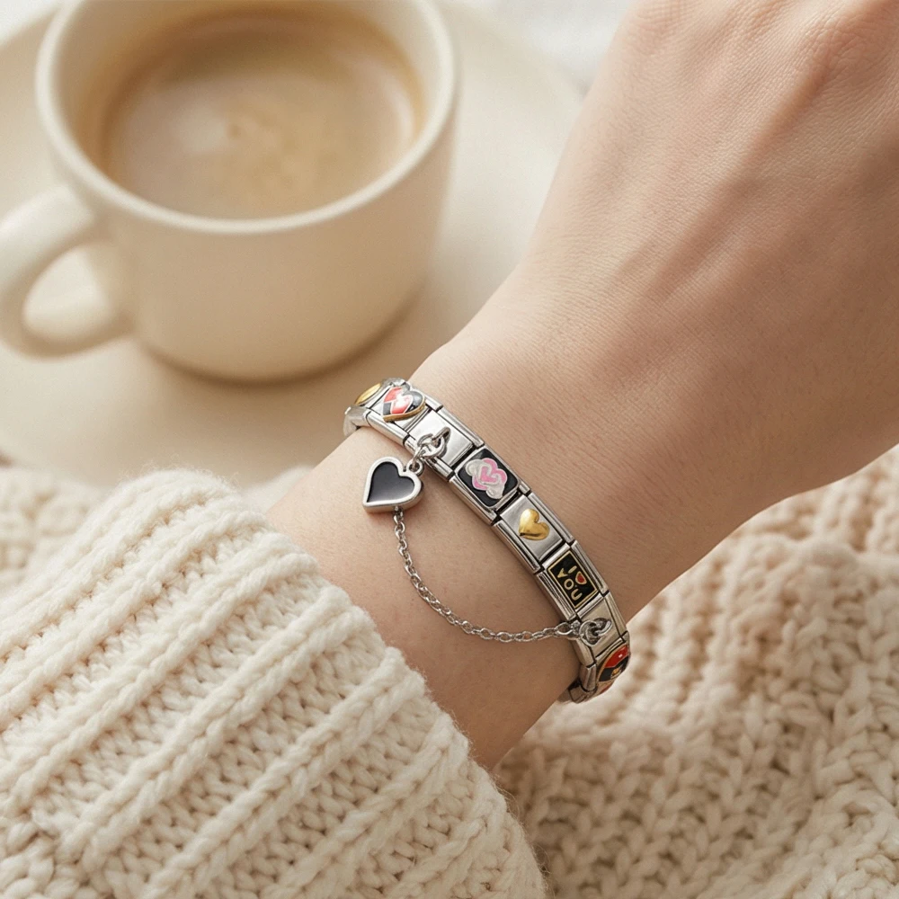 Klassisches Herz-Paar-Gesten-Werkzeug-Kombinationsset 9mm Italienisches Armband mit Gliedern DIY Edelstahl Charm Schmuck 18-teiliges Set – Detail 5