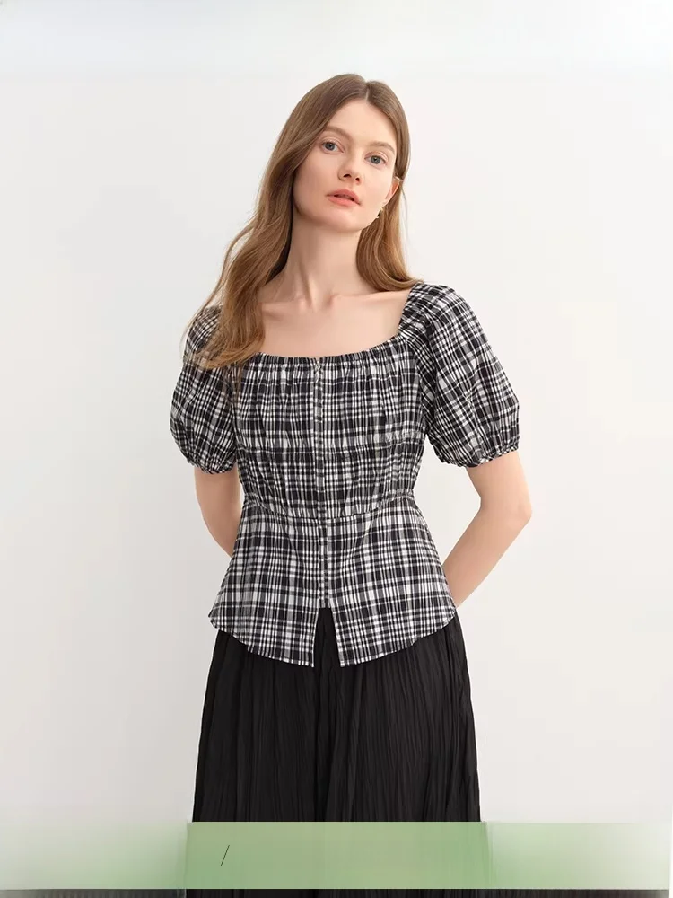 

Новинка: женская блузка больших размеров с белым клетчатым узором, квадратным воротником, рукавами-фонариками и молнией, летняя, для повседневной носки...