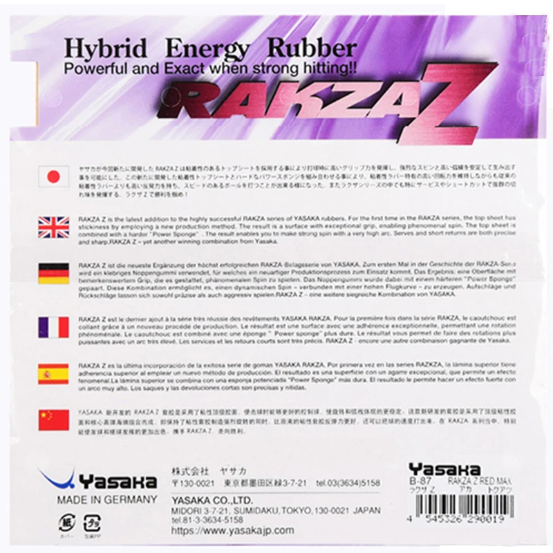 Original Yasaka RAKZA Z table tennis rubber B-87 pimples in fast attack with loop for table tennis racket ping pong racket