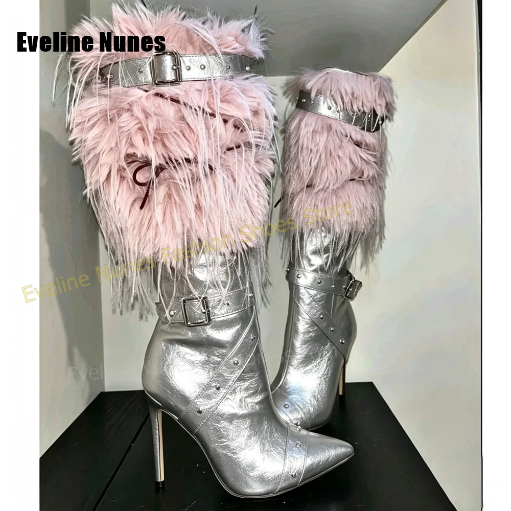 Women Burgundy Faux Fur Fashion Boots Pointed Toe Stiletto Bow Decoration Buckle Strap Side Zip Knee High Boots 2026 New Style