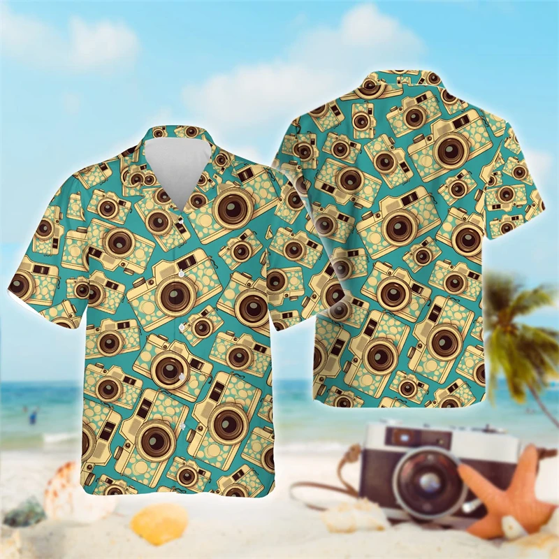 Camicie grafiche con fotocamera Vintage per uomo abbigliamento Casual camicia da spiaggia hawaiana Harajuku Fashion fotografo top maschili a maniche corte