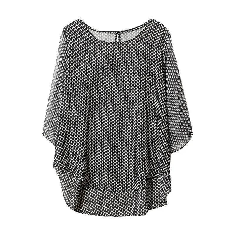 2025 Ladies Casual Fashion Loose Style Chiffon Shirt Batwing Sleeve Printing O-neck Pullover Summe Rnew Style 3/4 Sleeve Tops