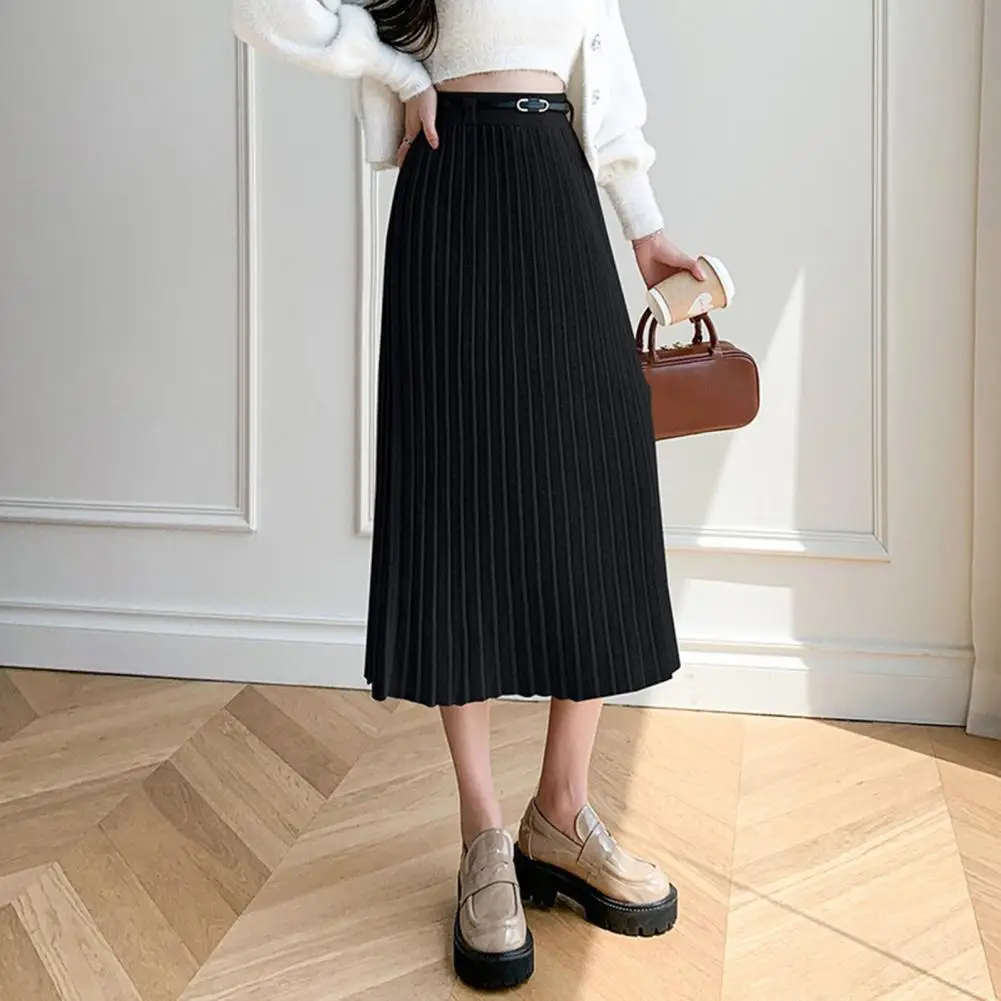 Solid Color Skirt Elegant High Waist Knitting Skirt for Women Solid Color Pleated Midi Skirt Autumn Winter Wear Fashion Piece