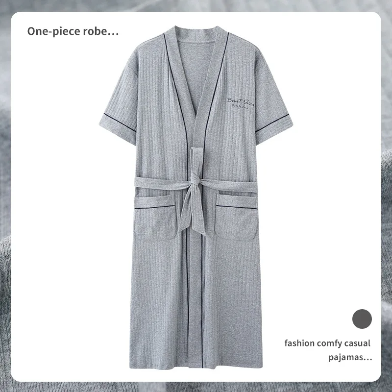 Summer New Men Robe Gown Casual Cotton Kimono Bathrobe Male Daily Spa Home Clothes Short Sleeve Sleepwear L-XXXXL