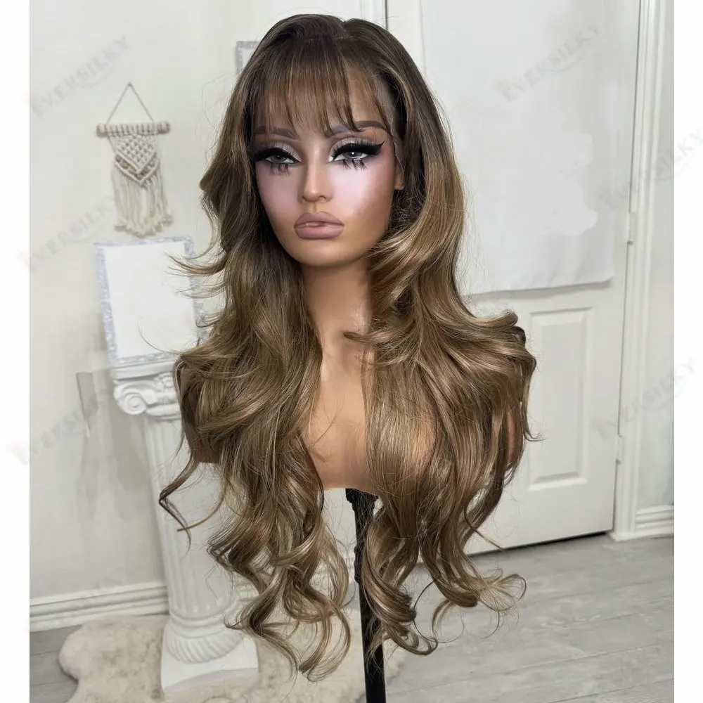 Perruques de cheveux humains indiens pleine dentelle avant pour femmes sans colle frange brun doré légèrement vague longue Remy 5x5 HD dentelle/360 perruques de dentelle