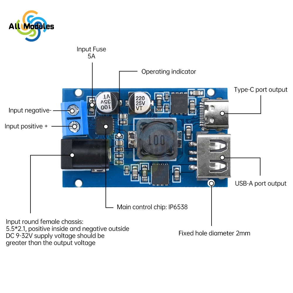 DC8.2V-32V to QC3.0/PD3.0/PPS Multi protocol Reduction Charging Module Vehicle Voltage Reduction Module USB Type-C Dual Port