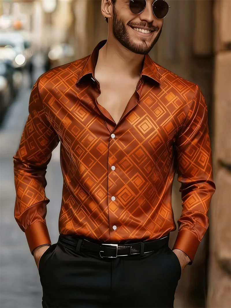 New 11 color men's long sleeved shirt with gold 3D printing, fashionable checkered pattern, luxurious shirt style