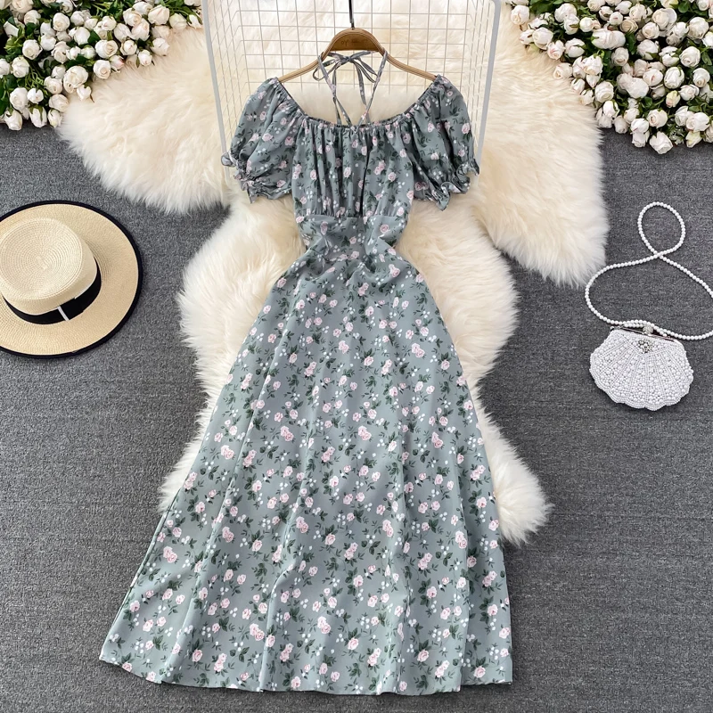 OCEANLOVE Print Floral Spring Summer Dresses for Women A-line Sweet Beach Style Vestidos Mujer Korean Fashion A-line Long Dress