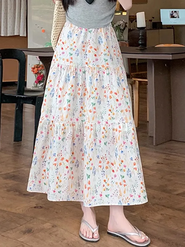 

Романтичная цветочная юбка-миди А-силуэта с завышенной талией для женщин, весна-лето 2026, корейский стиль, стройнящая, из полиэфирного волокна