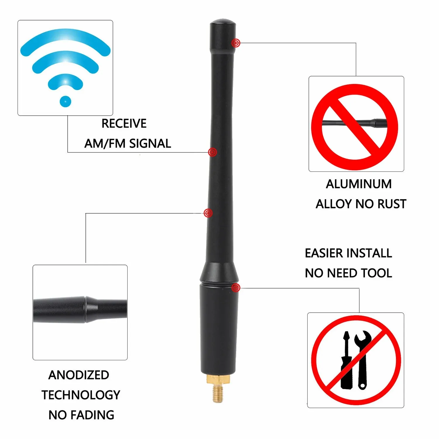 Aluminum 6.29 Inch Antenna For Jeep Wrangler JL 4XE Gladiator JT 2018 2019 2020 2021 2022 2023 AM FM Black Shorter Antenna 1PCS