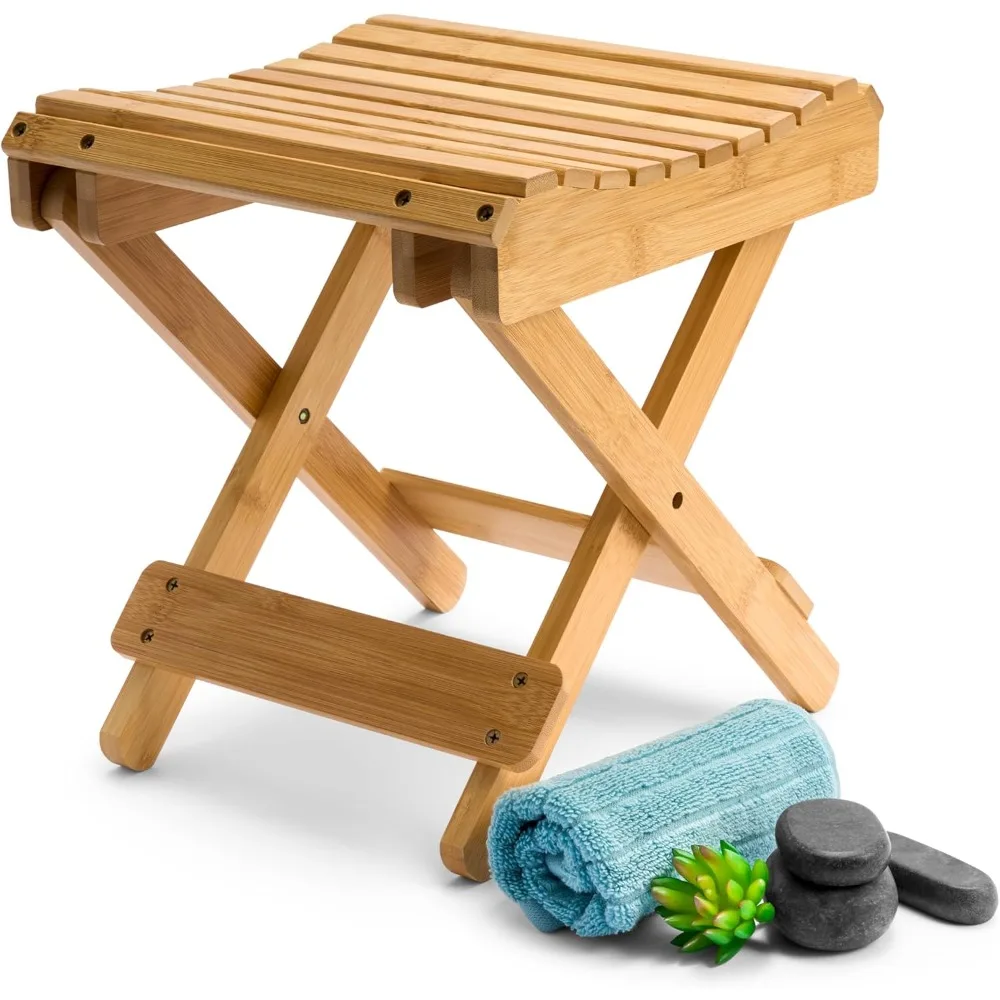 

Bamboo Folding Step Stool Bench - for Shaving, Shower Foot Rest, Bath Chair - Great for Bathroom, Spa, Sauna, Wooden Seat