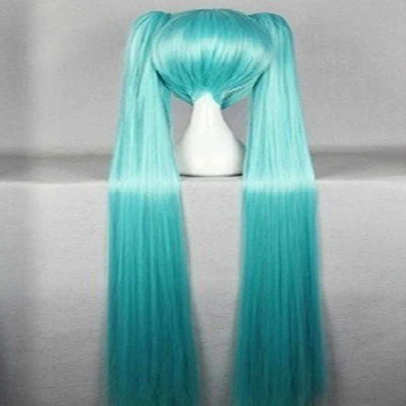 HAIRJOY włosy syntetyczne długie proste zielone peruka do cosplay z 2 klipsami w kucykach Vocaloid Hatsune Miku peruka kostiumowa