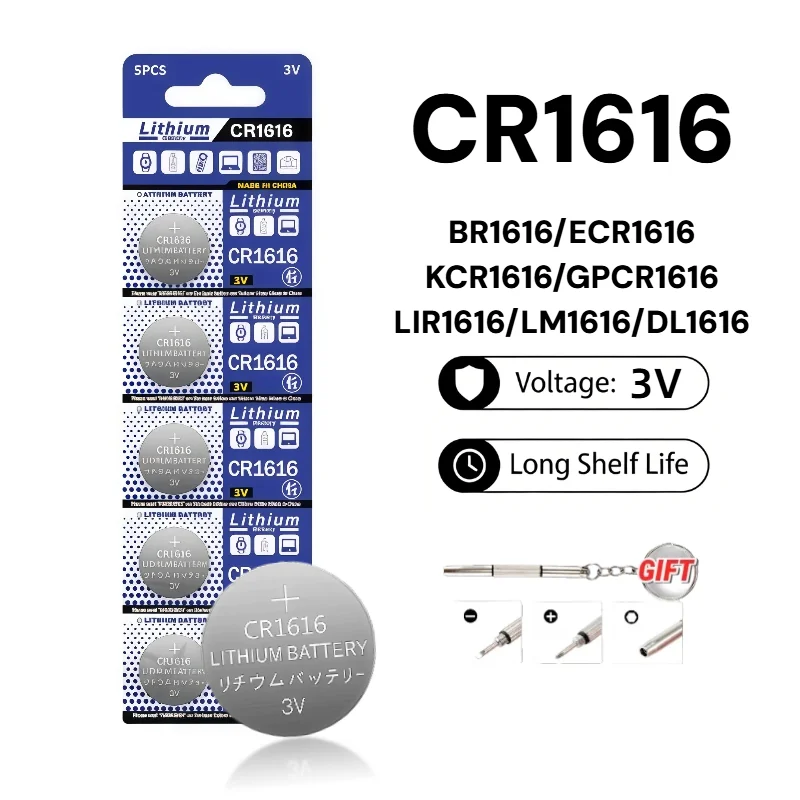 

CR1616 3VButton Batteries,Leak-Proof & Mercury-Free Coin Cell for Car Key, Calculator, Replaces BR1616/ECR1616, Free Screwdriver