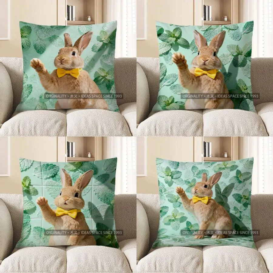 

2D Cute Bunny With Bow And Mint Leaf Pillow Cover Pattern Cushion Cover Suitable For Sofa Bedroom Car Pillow Cover