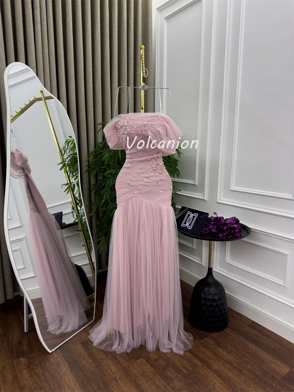 Customized Modern Style Intricate Tulle Pearl Rhinestone Ruched Straight Off-the-shoulder Long Dresses Bespoke Occasion Dresses