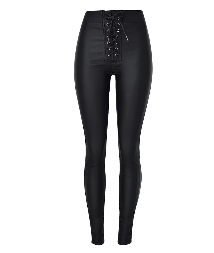 Women's Pant High Waisted Slim Fit Elastic Metal Perforated Straps Elastic Waist PU Faux Leather Denim Leggings Womens Pants
