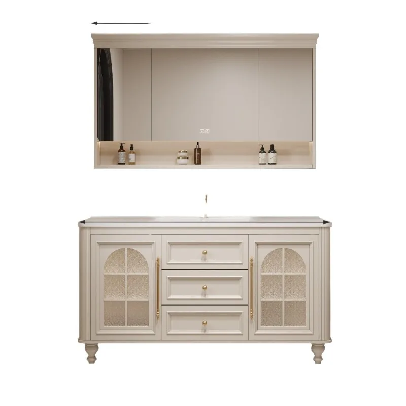 French retro style bathroom cabinet Floor-to-ceiling bathroom cabinet Wash table Cream wind wash table Basin cabinet combination