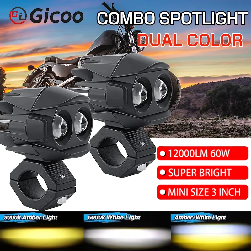 GICOO 60W High Power LED Spotlight For Motorcycle Car Truck Motorbike Dual Color 3000K 6000K Combo Led Headlight