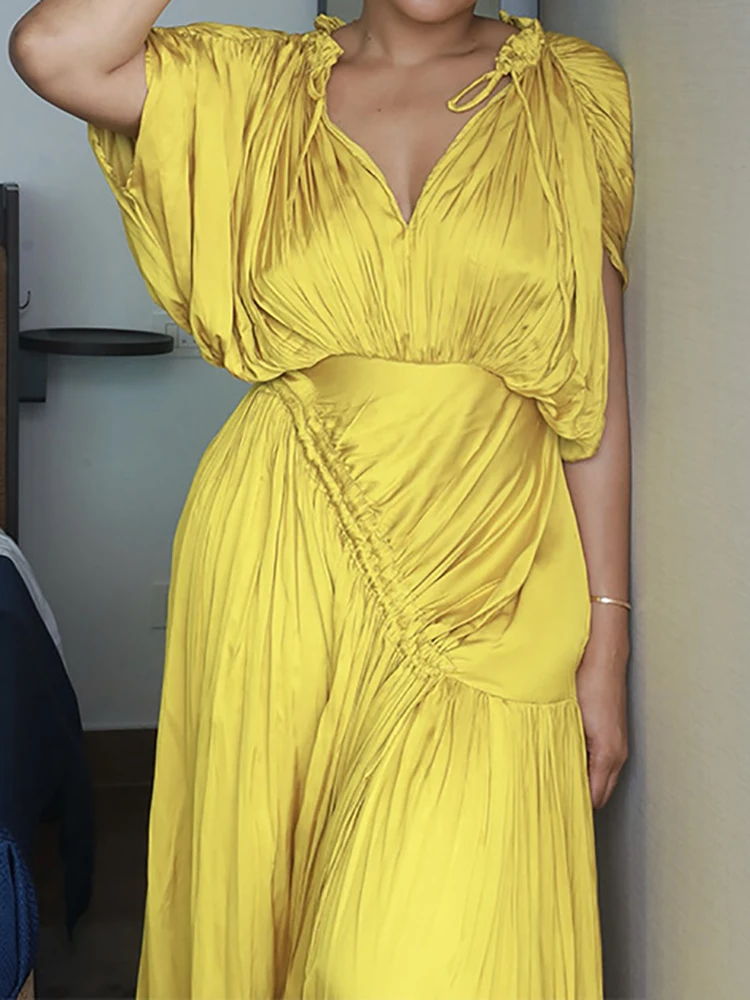 Frauen Neue Oansatz Spitze Up Plissee Kleid Frühling Sommer Hohe Taille Einfarbig Langes Kleid Casual Kurzarm Urlaub Kleider