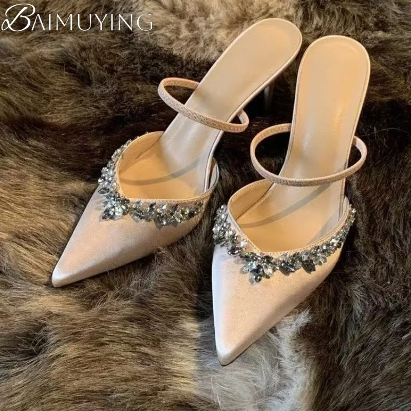 

Crystal High Heels Slippers Women Sandals Pointed Toe Mules Shoes Summer 2025 Luxury Party Pumps Dress Sexy Stiletto Mary Jane