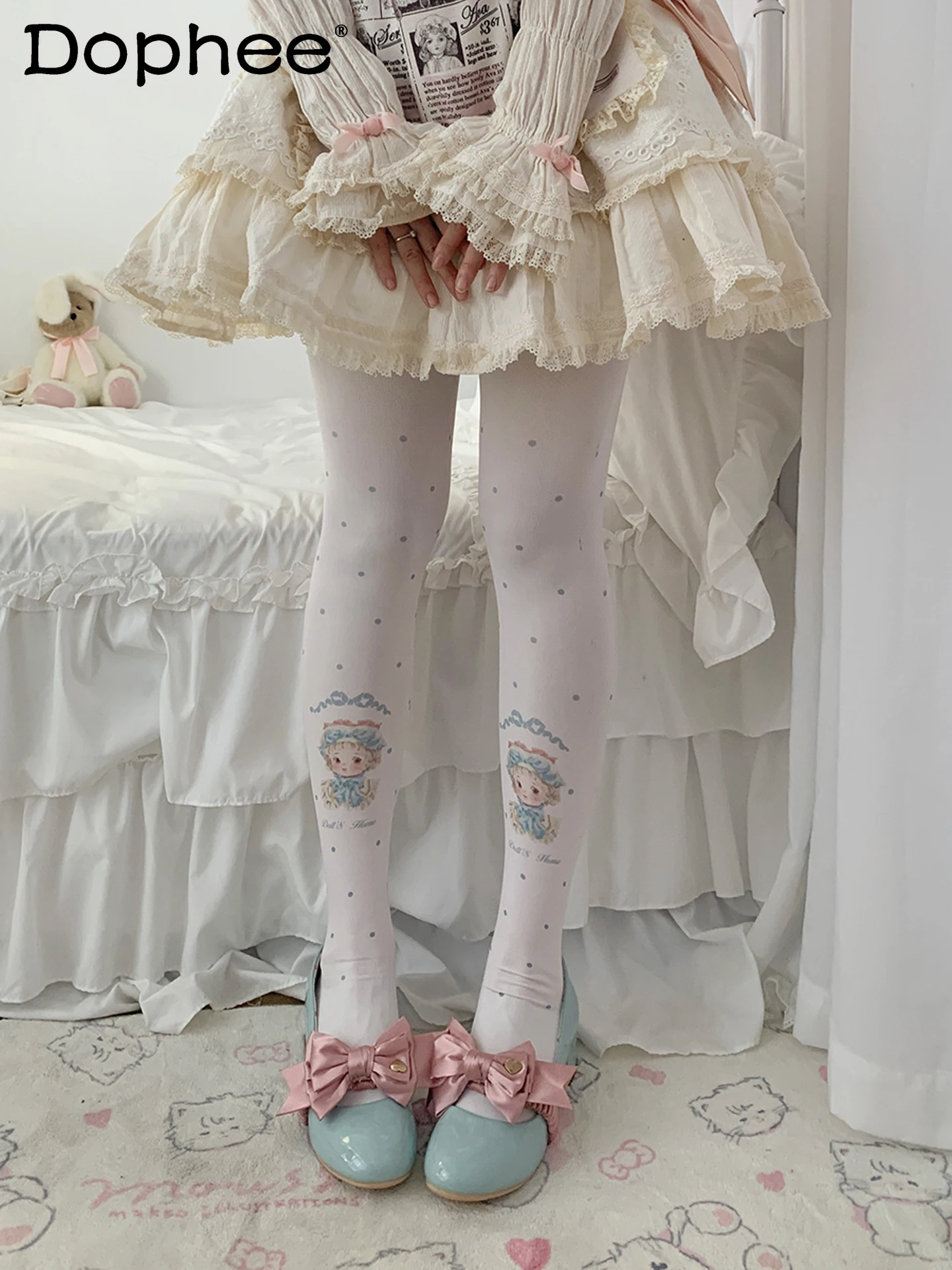 

Японские оригинальные колготки в стиле Лолиты, осенне-зимние колготки с бархатным принтом, милые колготки с куклой для девочек