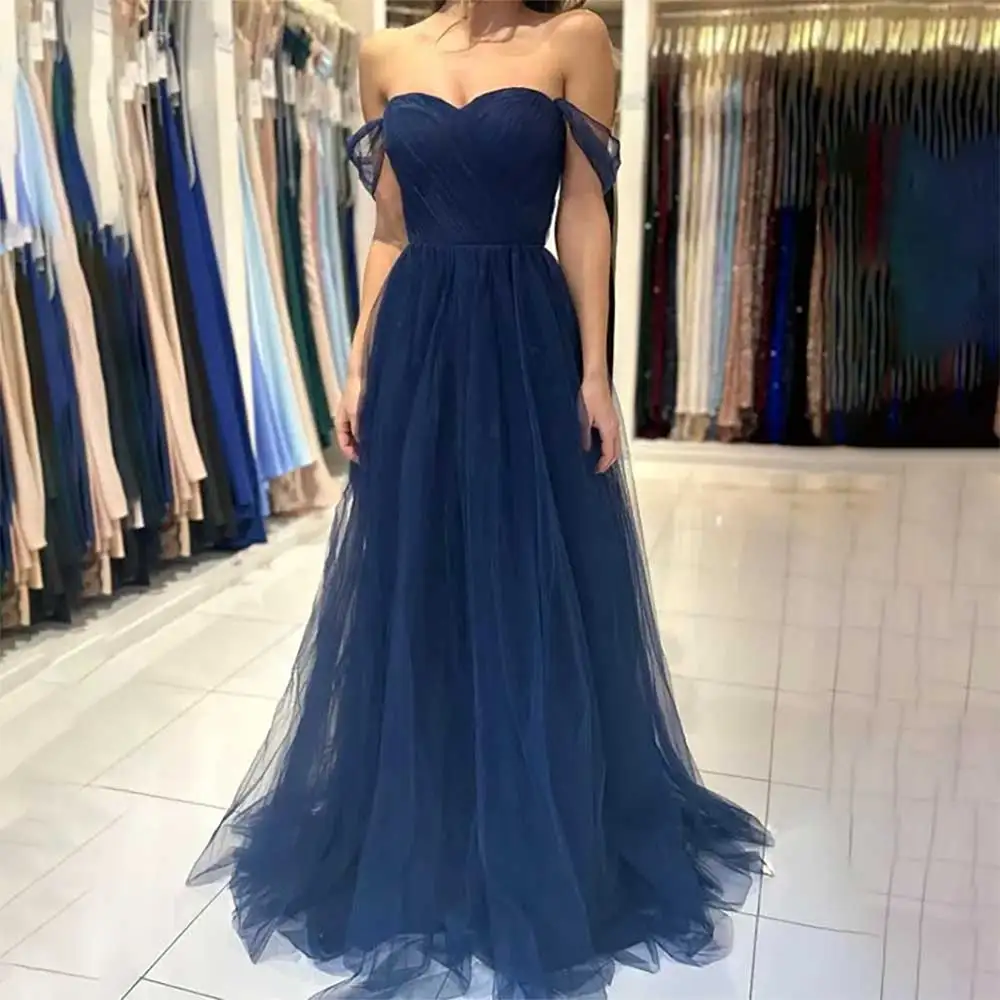 

Navy Blue A Line Formal Dress Tiered Sweetheart Party Dress Pleats Off The Shoulder Special Occasion Gowns Formal Cocktail Dress