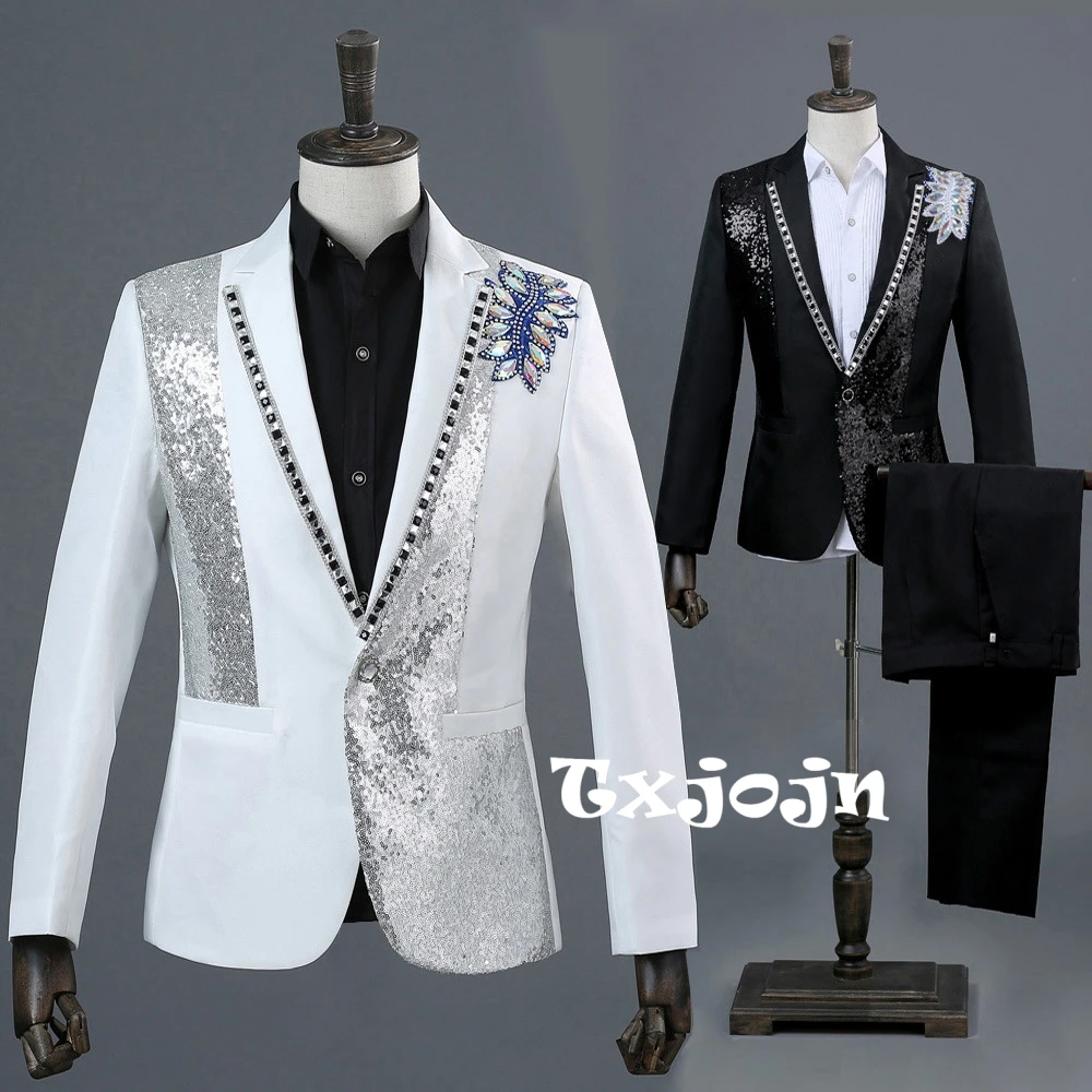 

Dazzling Luxury Beaded Men's Slim Fit Suit 2 Pieces Wedding Birthday Party Outfit Notched Lapel Elegant Suit Set For Men M-3XL