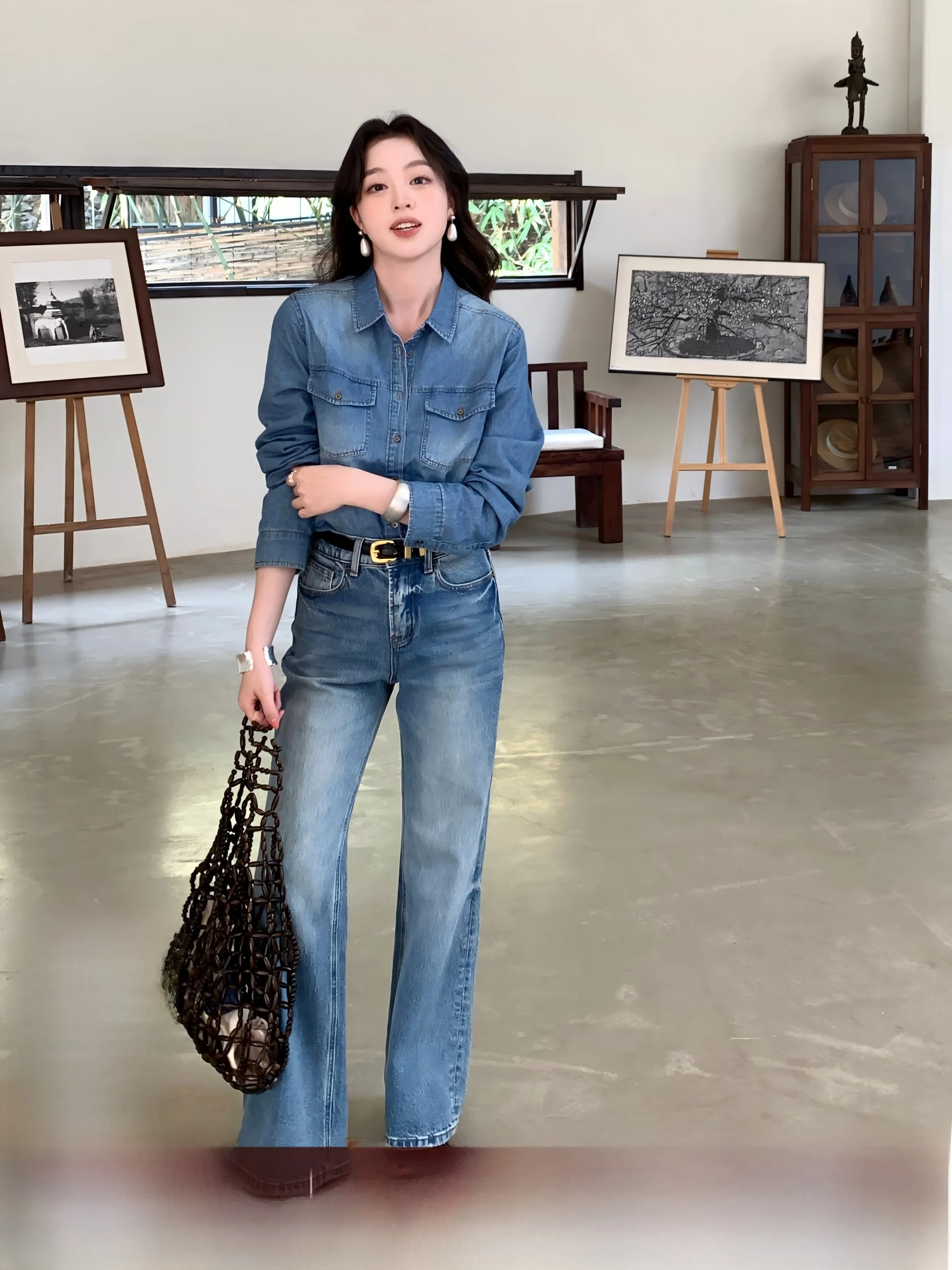 

High Waist Straight Leg Stretchy Jeans Casual Fashion High Quality Retro Coin Wind Long Pants Women's Denim Jeans Cotton Poly...