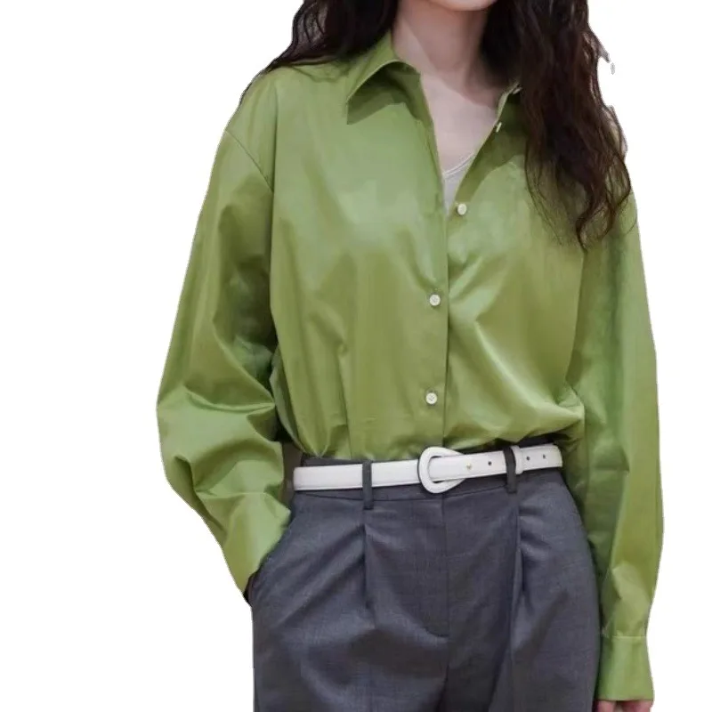 

Spring Turn-down Collar Solide Color Shirt Full Sleeve Top for Women