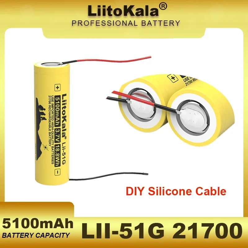 

New LiitoKala Lii-51G 21700 3.7V 5100mAh Lithium ion Battery 24v 36v 48v 60v Rechargeable batteries DIY Silicone Cable