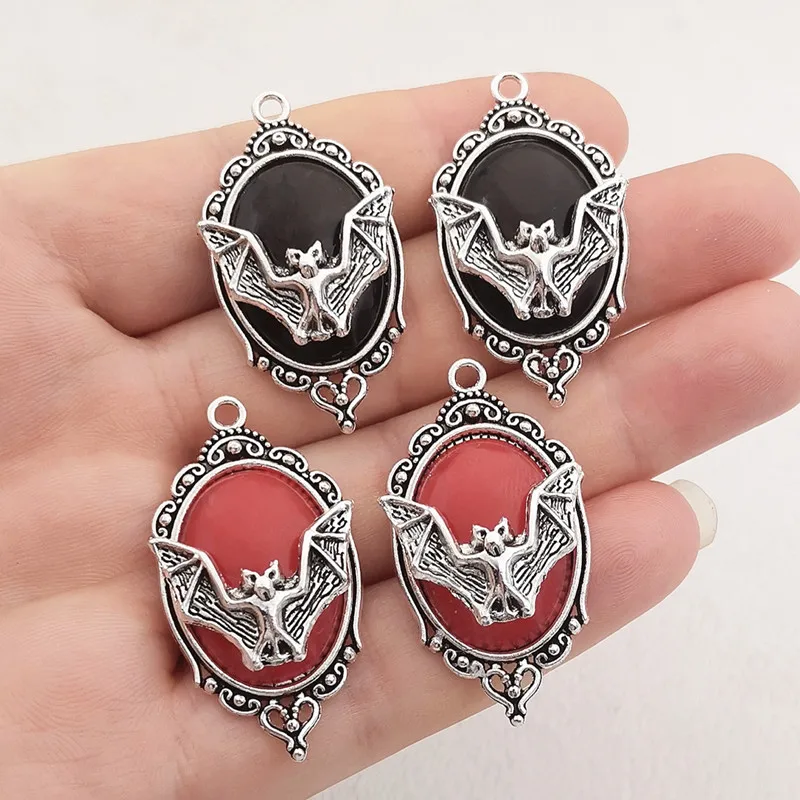 4pcs Gothic Vampire Bat Silver plated Framed Bat Cameo Charms Halloween Witch Pendant Fit Jewelry Making DIY Jewelry Findings