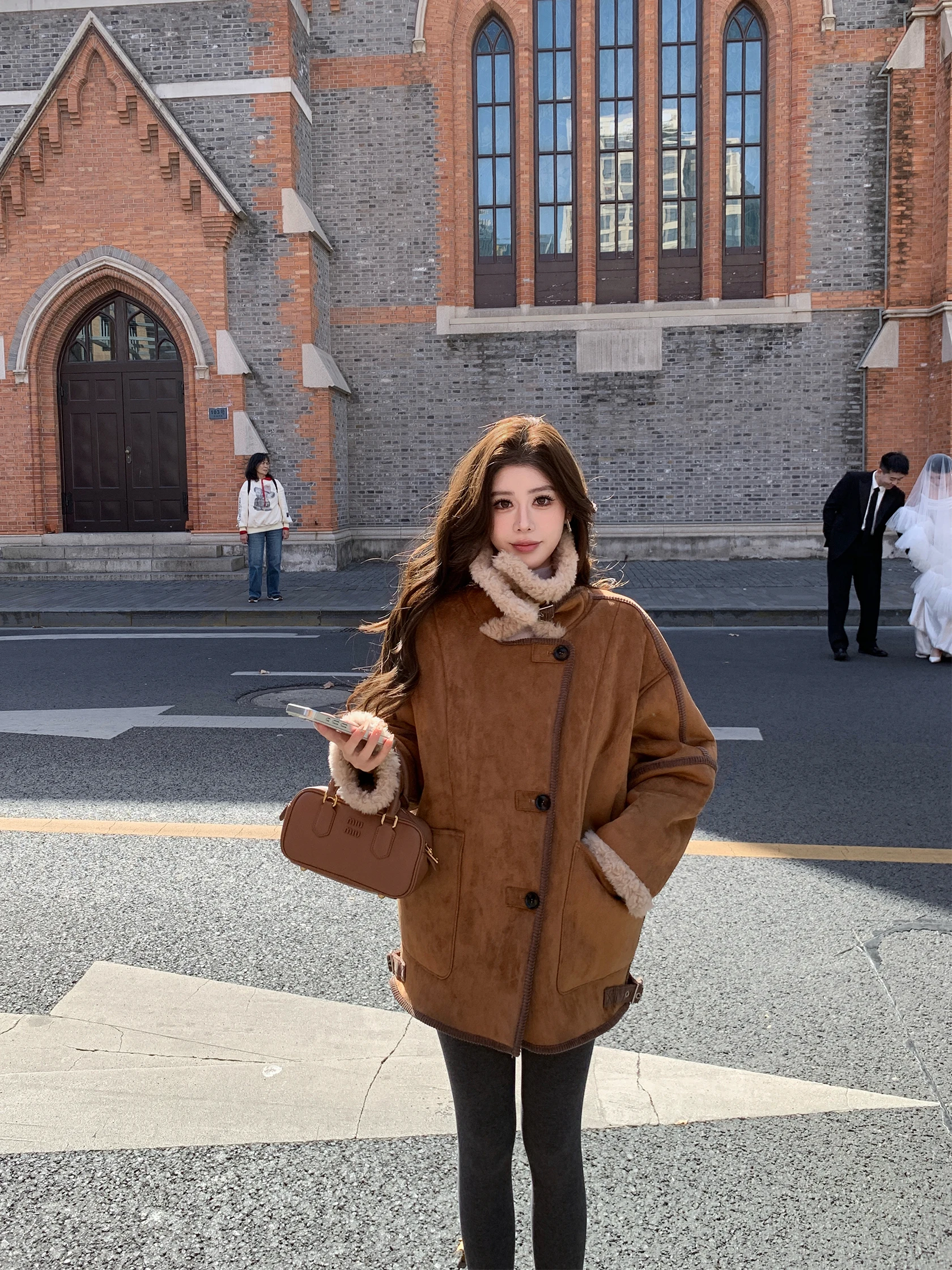 

ORGIRIS Ретро-пальто из искусственного меха цвета кэмел с подкладкой, женское, укороченное, с воротником-стойкой, модная универсальная верхняя одежда