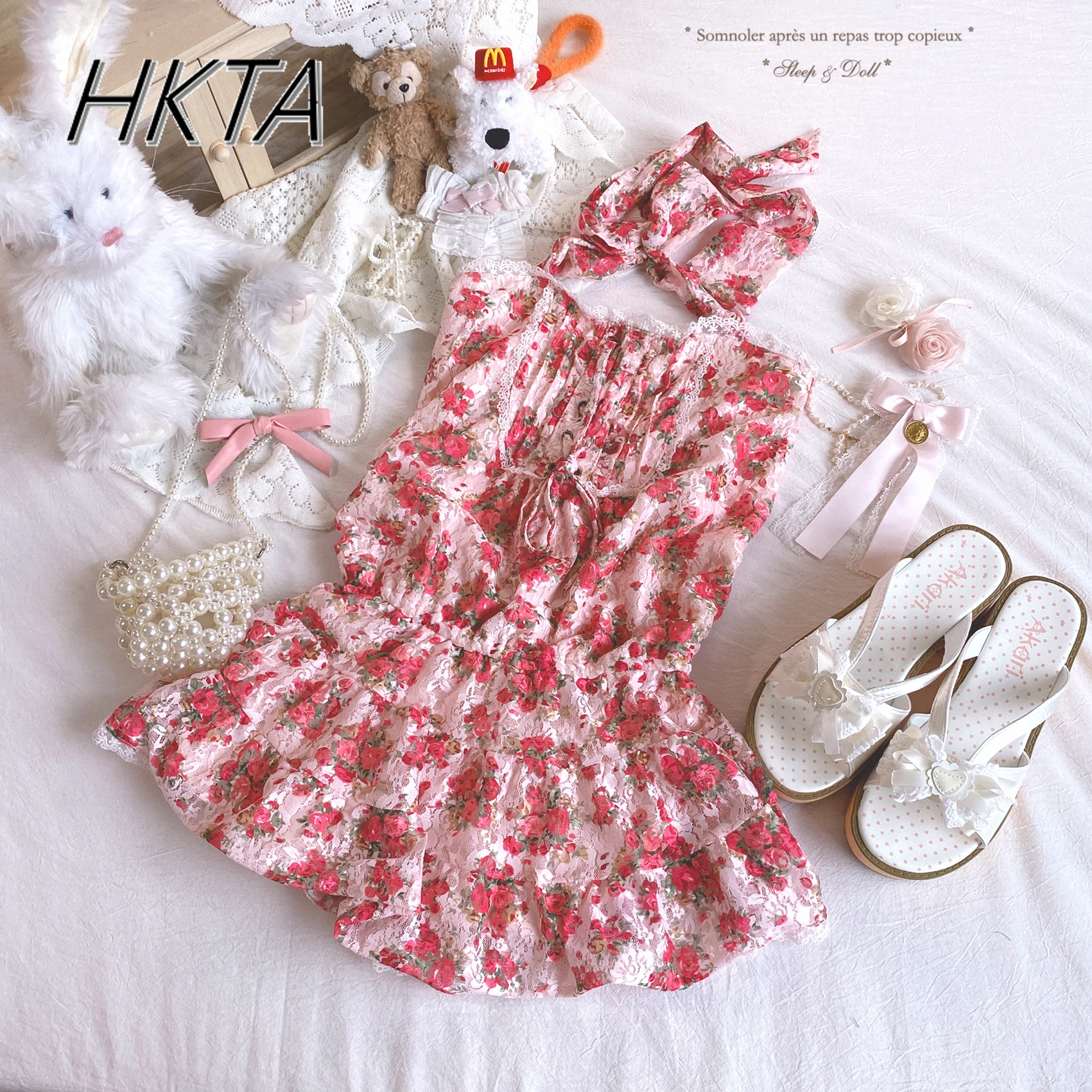 Japońska Sukienka Lolita w Stylu New Vintage Kawaii z Paskiem na Szyję, Podkreślająca Talia, Koronkowa Sukienka dla Gorącej Dziewczyny, Słodka i Urocza Letnia Koronkowa Krótka Sukienka Lolita Damska