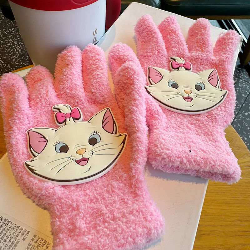 Kawaii Disney Marie Cat Women's Coral Velvet Gloves Cute Cartoon Adult/children Winter Thickened Cycling Gloves Couple Style