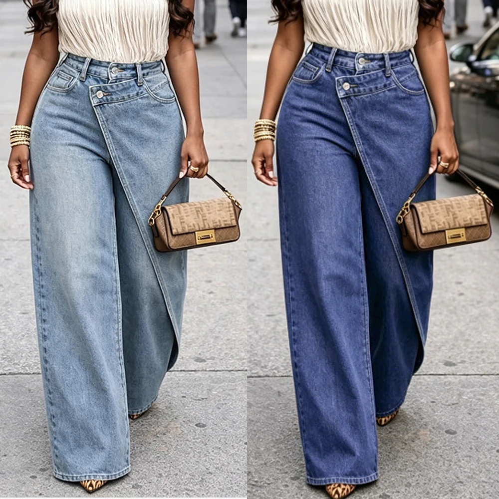 Women High Waist Asymmetrical Crossover Wrap Jeans Irregular Oblique Button Wide Leg Denim Pants Y2k Streetwear Washed Trousers