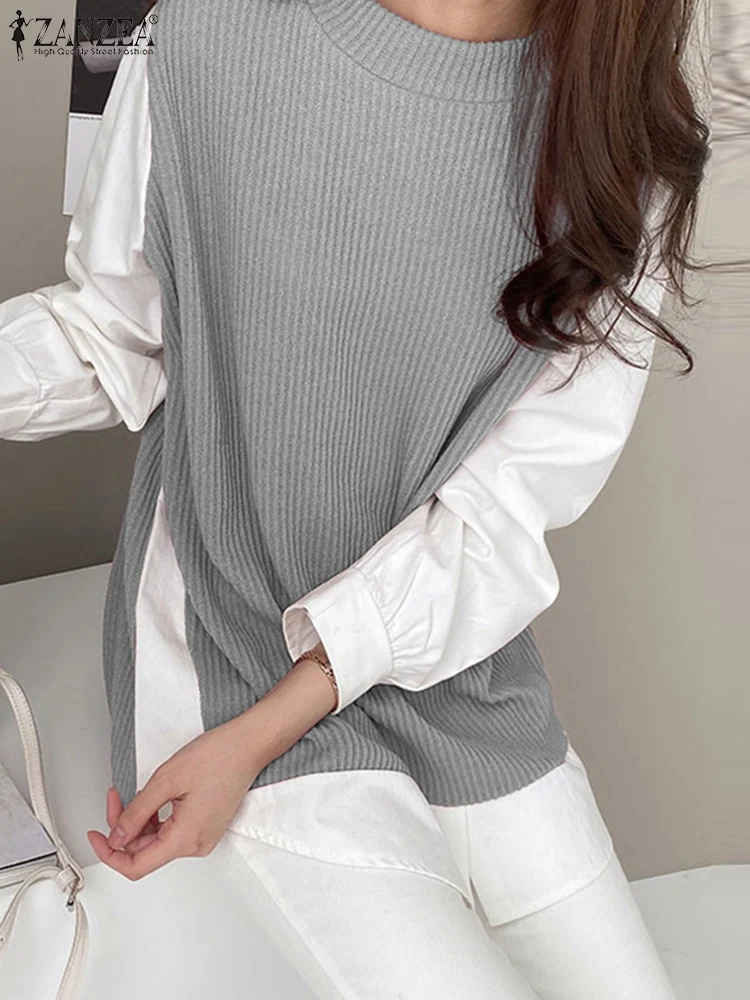 Fashion Women Long Sleeve Patchwork Sweatshirt Autumn Fake Two Pieces Tops ZANZEA Elegant Hoodies Casual Work Blouse Streetwear