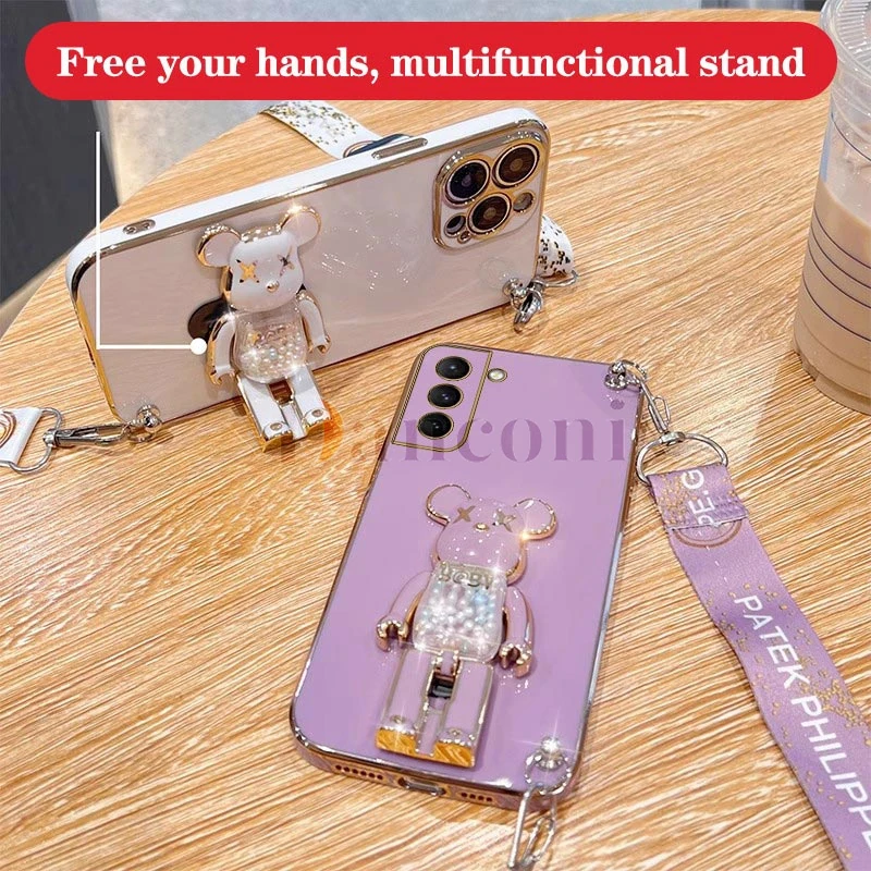 Cartoon Bear Lanyard Plating Phone Stereoscopic Holder Case For Samsung Galaxy S21 S21 Ultra A52S A31 A72 S10 A23 S9 A22 Cover image 5