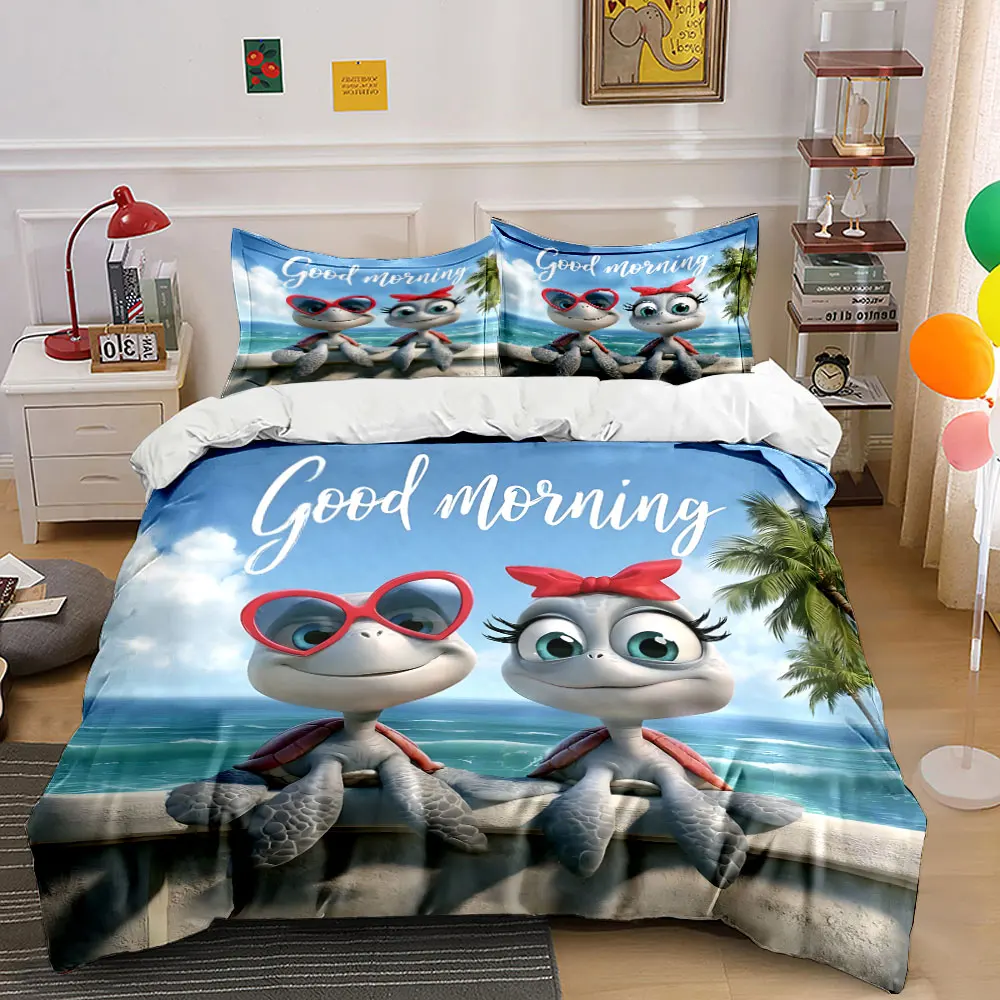 Cheerful cartoon turtles by the seaside Print Bedding set 3PC 1 duvet cover 2 pillowcases adult and children bedding set