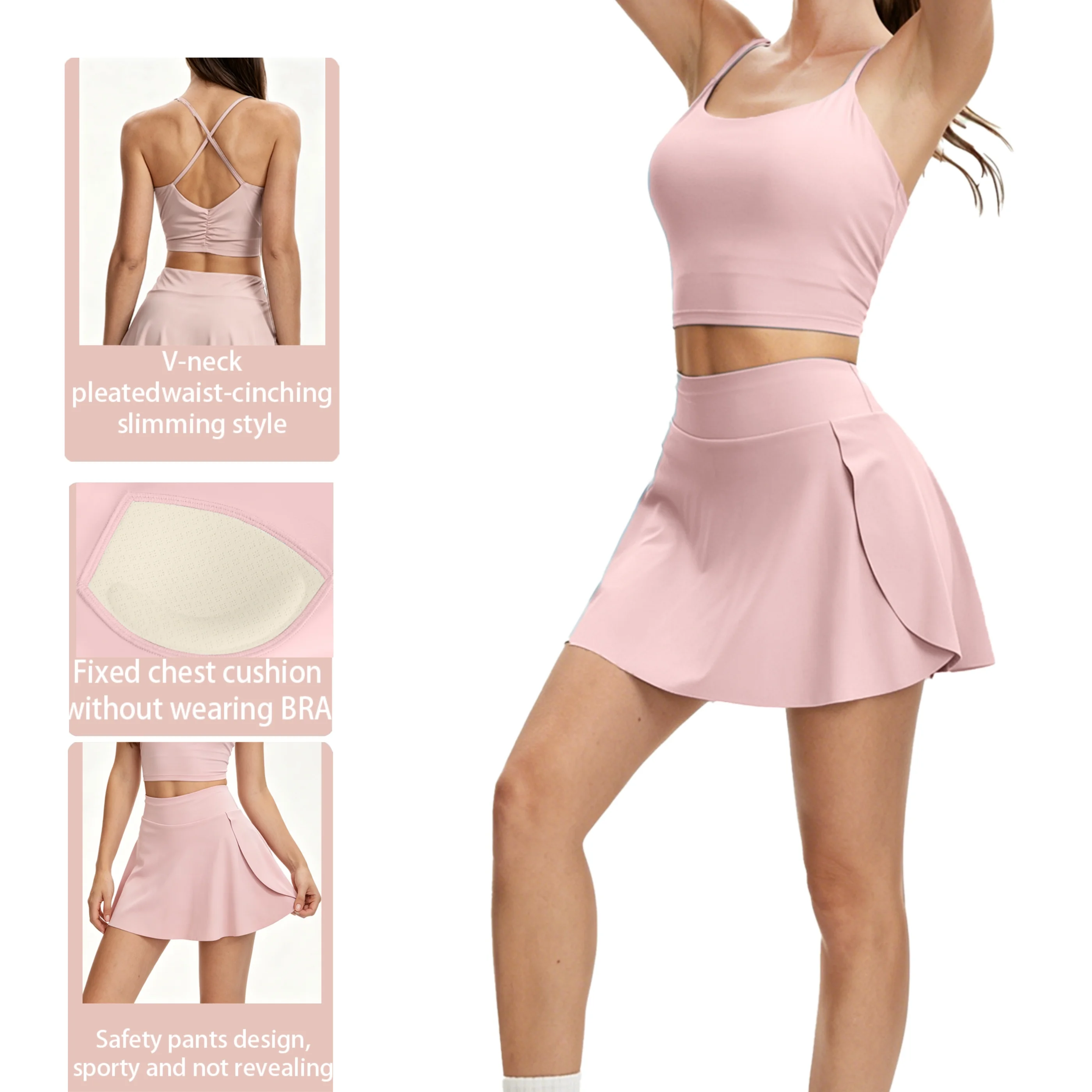 Summer Preppy Athletic Outfit Women Spaghetti Strap Tank Top High Waist Tennis Skirt Built-in Shorts Golf Yoga Workout 2 Piece S