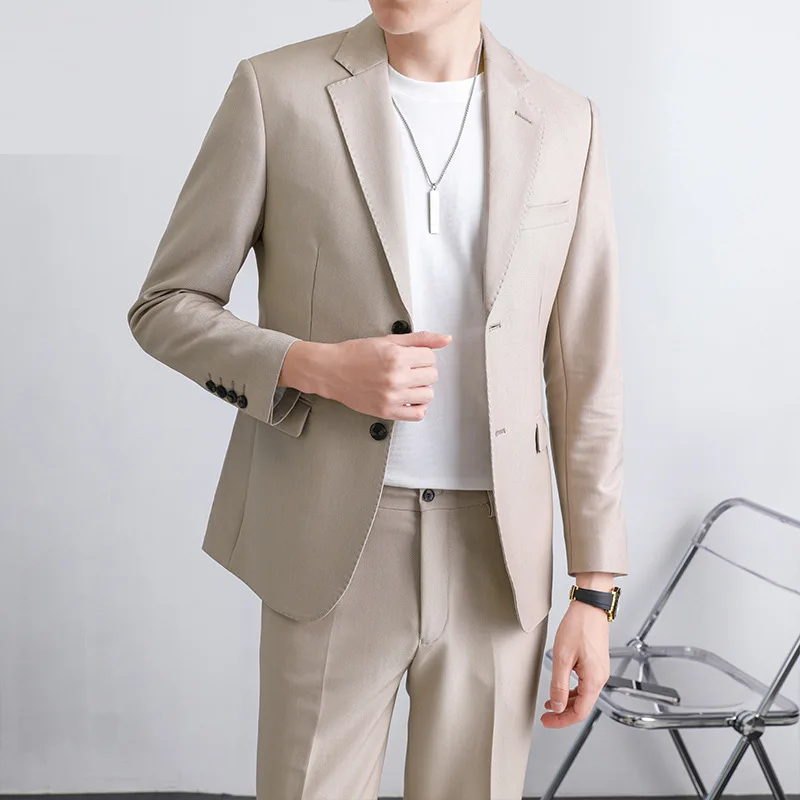 High Quality Men's Set Solid Color Casual Single Row Button Pocket Two-piece Set Business Formal Lapel Groom's Party Wedding Set