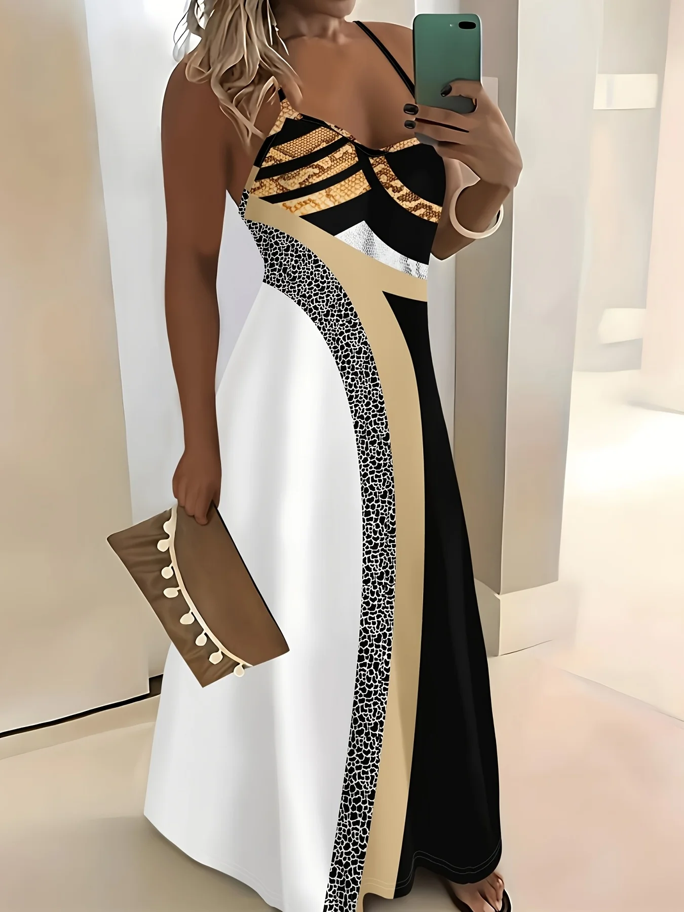 

Платье-слинг с принтом в стиле летних каникул, золотисто-черно-белое с леопардовым принтом