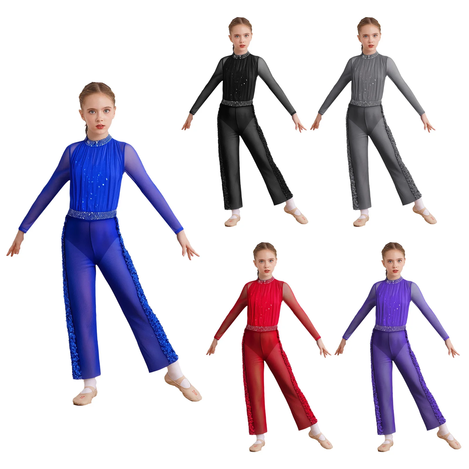 Kids Girls Figure Skating Leotard +Pants Set Modern Lyrical Dance Costume Long Sleeve Sequins Rhinestones Sheer Mesh Jumpsuits